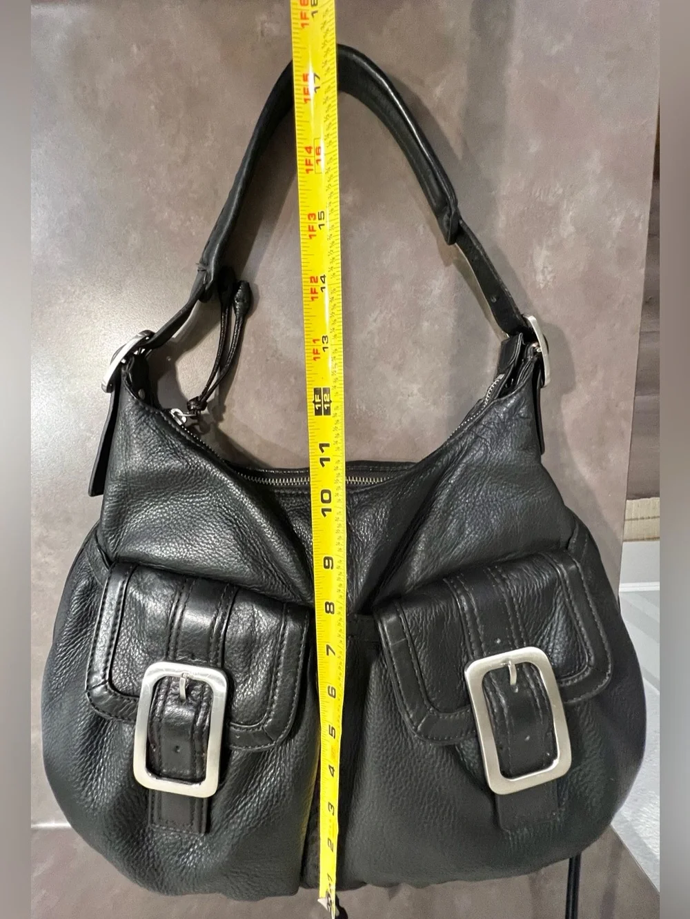 ✨COLE HAAN Y2K Large Black Leather Hobo Slouchy Shoulder Bag Buckles Pockets Zip